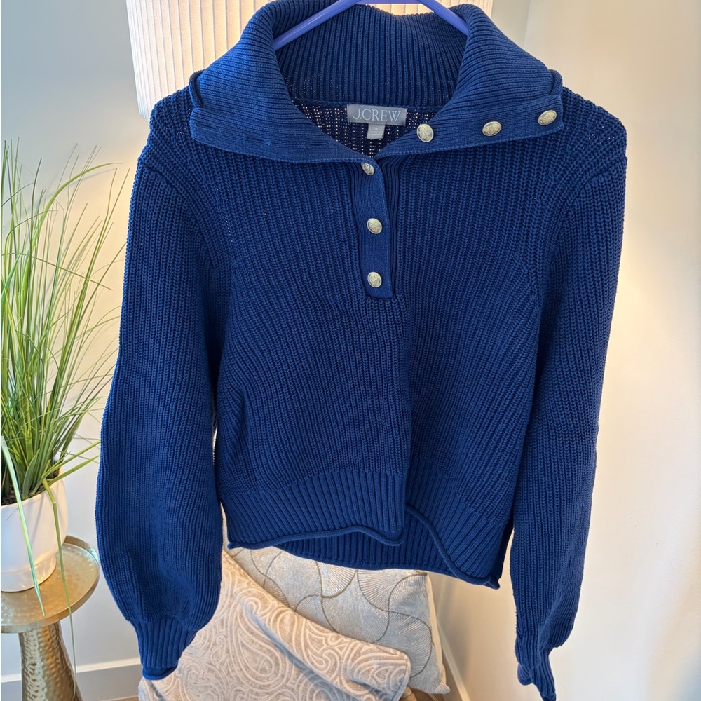 J. Crew Women's Cobalt Blue Ribbed cotton button-collar sweater